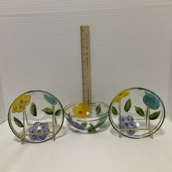 Vintage Reverse Hand-Painted Flowers Textured Glass Bowl Made‎ in Italy 6 In - Picture 4 of 5